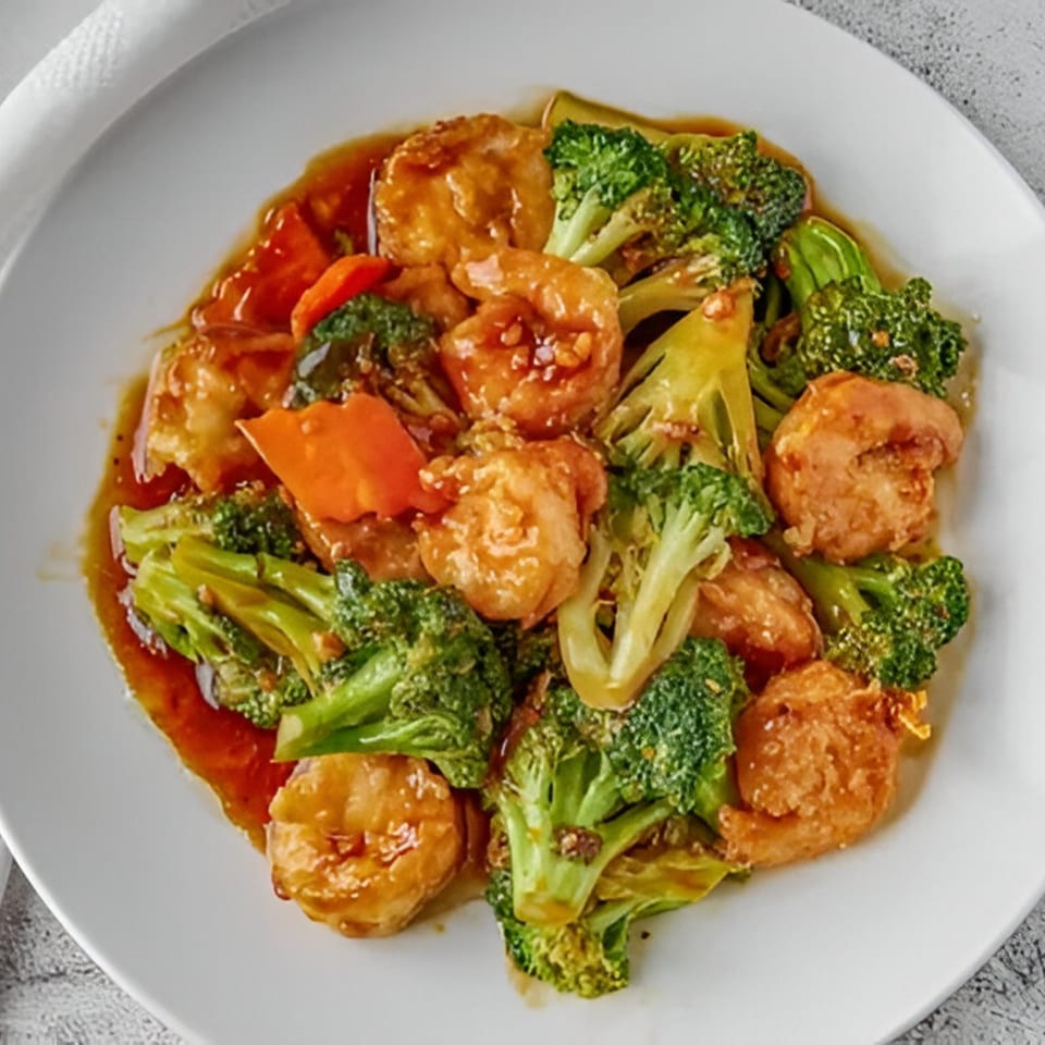 Red Wok's shrimp and broccoli stir-fry with carrots in a savory brown sauce.